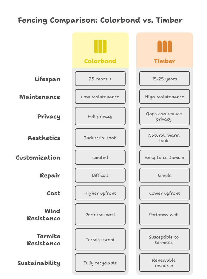 colorbond vs timber fences at a glance comparison table